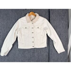 Stoosh Vintage Denim Sherpa Jacket Womens XL Cream Cropped Trucker Coat